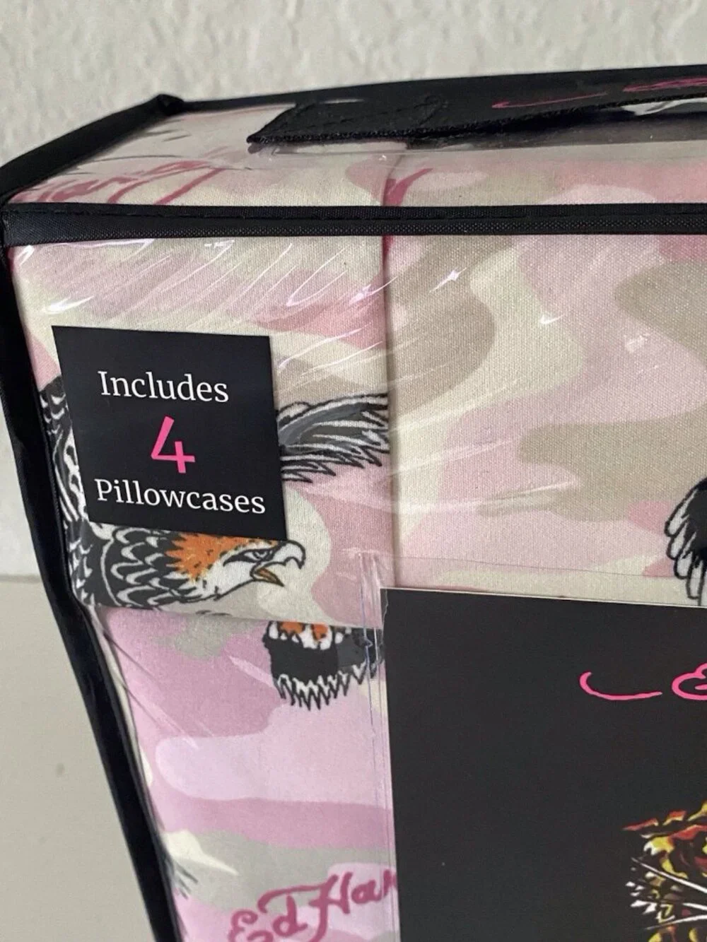 6 Piece Ed Hardy KING Size Sheet Set Pink‎ Grey Camo Eagle Tiger Logo NEW
